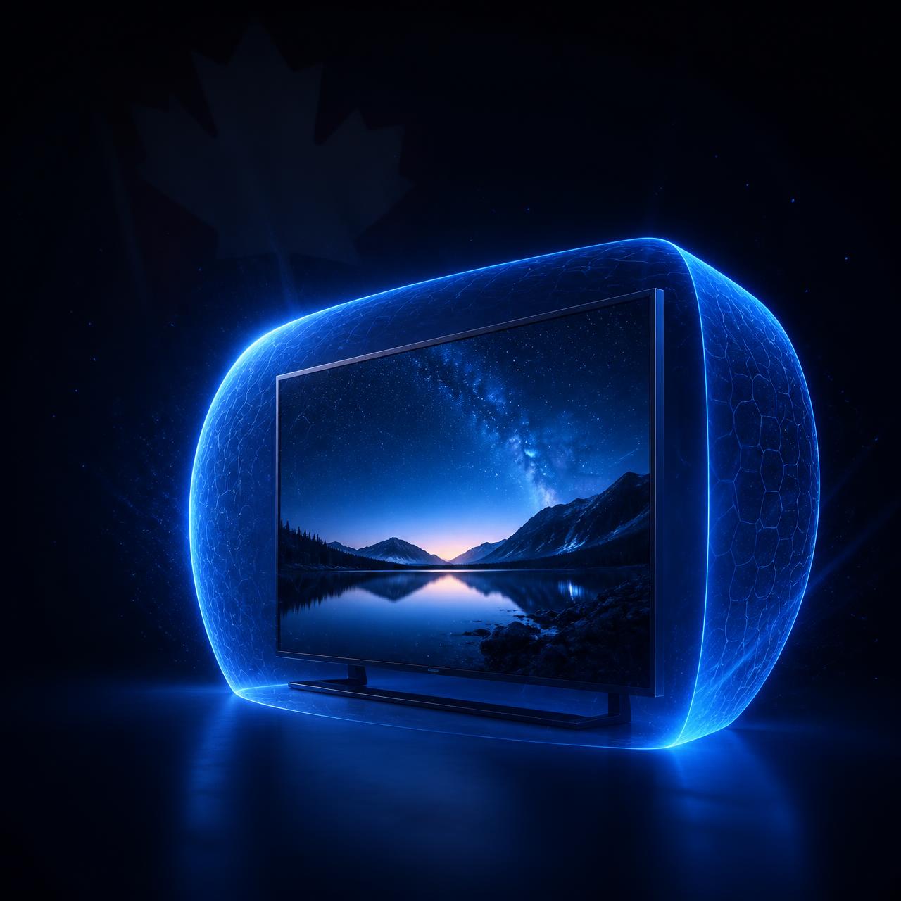 A streaming TV wrapped in a glowing privacy shield